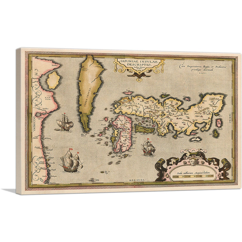 Carte du Japon et de la Corée 1592 par Abraham Ortelius, impression sur toile tendue, H 18 po x l 26 po x P 1,5 po