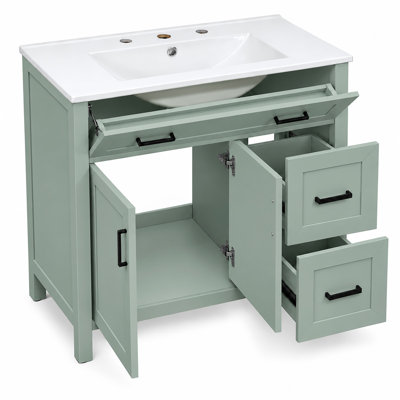 Meuble-lavabo de 36 pouces avec lavabo en céramique, armoire traditionnelle autoportante moderne, structure en bois massif et panneau de fibres à densité moyenne, 2 portes, 2 tiroirs, 1 tiroir rabattable, quincaillerie à fermeture en douceur, poignée