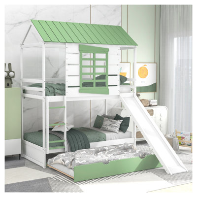 Twin over Twin House Bunk Bed with Convertible Slide and Roof Design in White, Pine Wood Frame