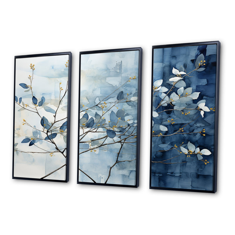 «Blue On», Leaves on Branch I - feuilles, ensemble d'art mural sur toile, Cadre flottant noir, H 40 po x l 60 po x P 1 po