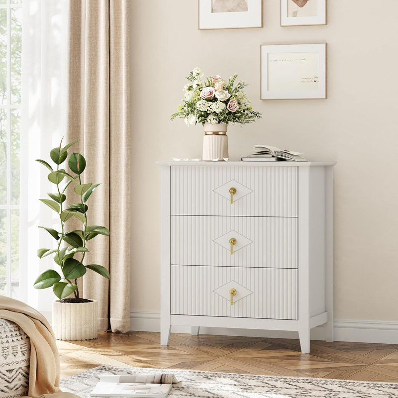 Fluted Dresser For Bedroom 27.5" Wide, 3-Drawer Wood Dresser Nightstand For Bedroom, Modern Chest Of Drawers, Storage Organizer Cabinet For Living Room, Hallway, Entryway, White