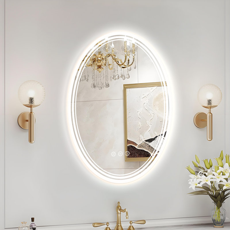 Miroir de salle de bain ovale à DEL avec éclairage avant et arrière, trois températures de couleur, gradation continue et fonction antibuée