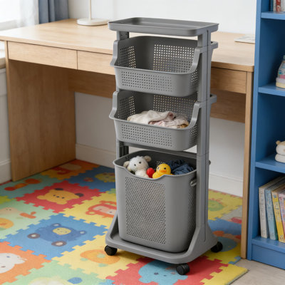 Support de rangement vertical gris pour salle de bain, modèle à trois couches, panier à linge multifonctionnel de grande capacité avec tablette de rangement, panier à vêtements pliable pour la maison, la salle de lavage et l'organisation de dortoir