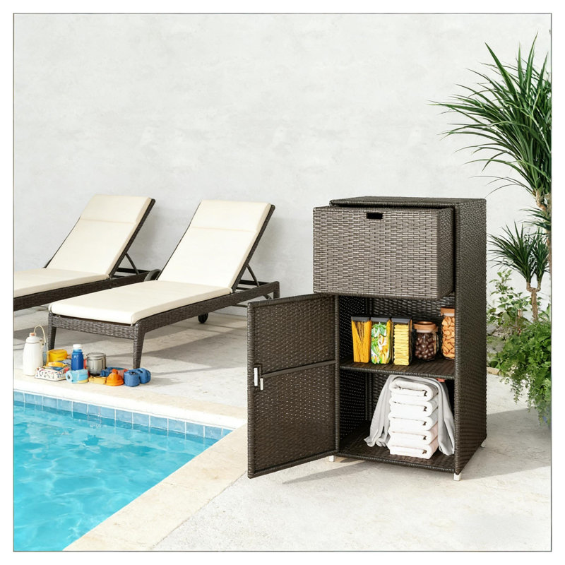 Armoire de rangement d'extérieur en rotin avec porte-serviettes, organisateur de piscine en acier brun foncé et osier synthétique