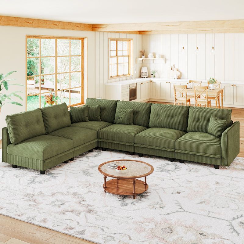 6 Seat Corduroy Convertible Modular Sectional Sofa With Storage, 4 Back Cushion 6 Throw Pillow, Green Corduroy