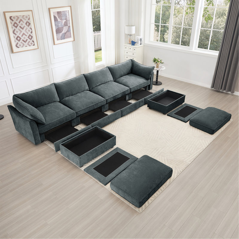 Canapé en U à 4 places avec repose-pieds avec repose-pieds, canapé à 4 places avec 2 repose-pieds mobiles, canapé modulaire surdimensionné avec 6 sièges et tiroir de rangement sous chaque siège, Chenille Gary