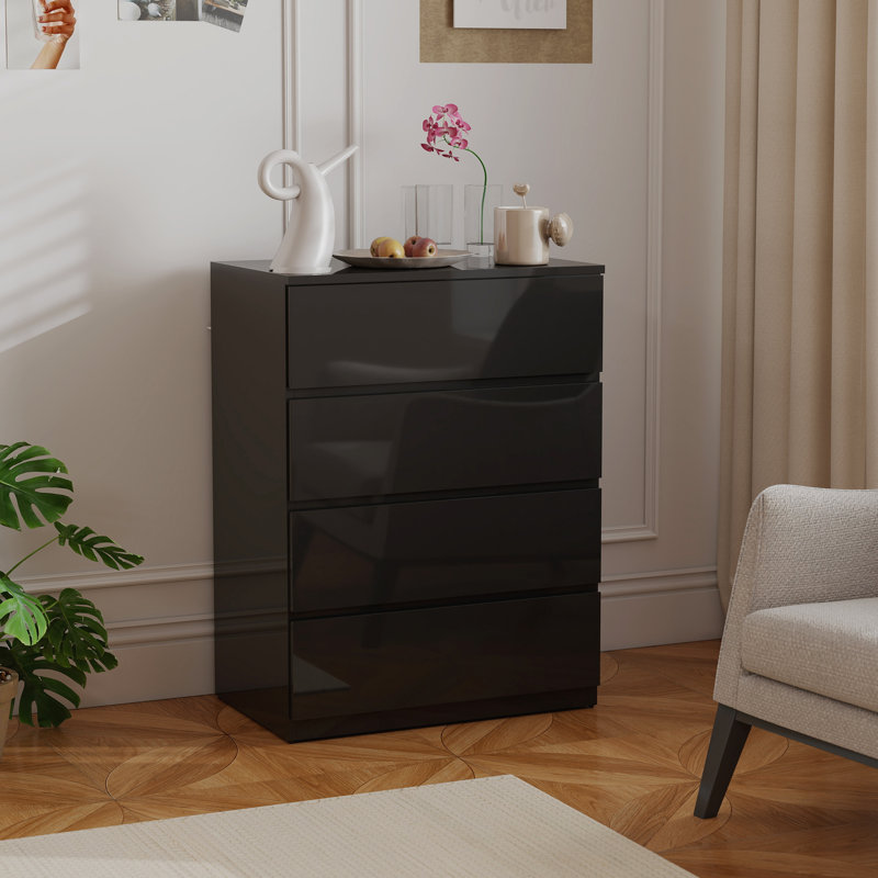 Commode 4 tiroirs très brillante avec glissière en métal noir