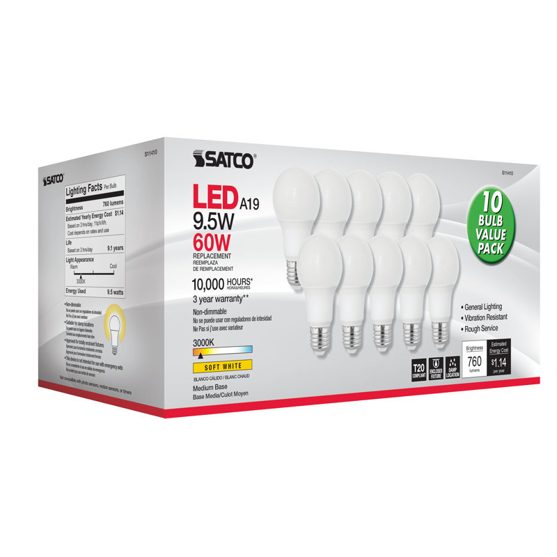 9.5 Watt White LED Bulb, 3000K, 10