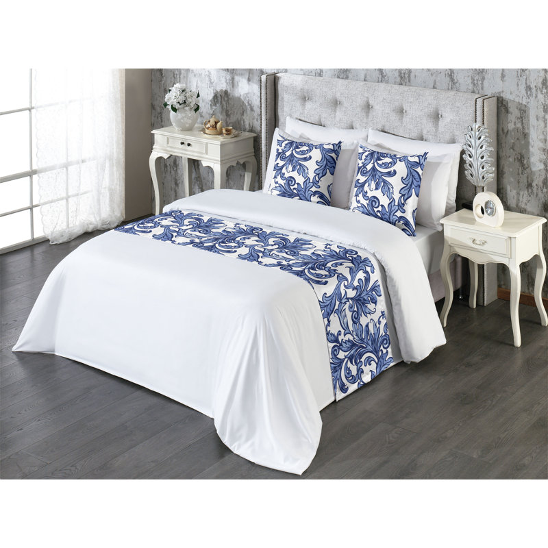 Ambesonne Leaf Pattern Bed Runner Set Muted Winter Leafy Art Dark Ceil Blue White