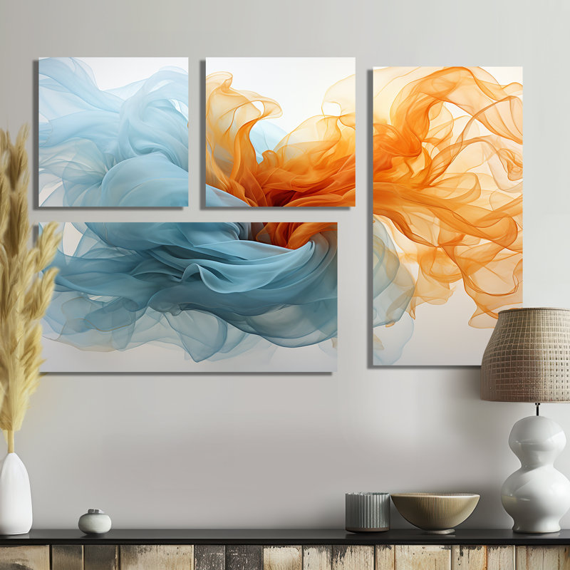 Art mural à l'encre liquide orange vif et turquoise III - formes abstraites, 4 pièces, Toile tendue, Ne s’applique pas
