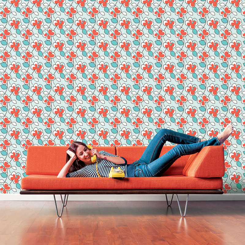 Rouleau de papier peint Jamahri Flower Power L 33 pi x l 20,5 po, Blanc / bleu / rouge