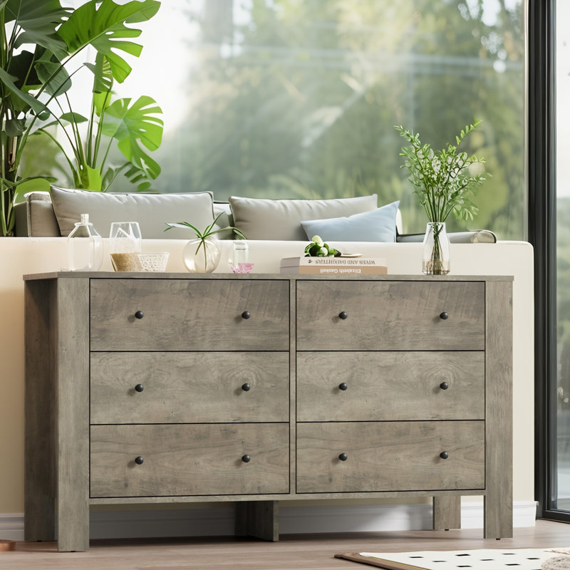  Modern 6 Drawer Dresser, 50" Wide Double Chest with Deep Drawers & Metal Knobs, Wooden Storage Organizer for Kids Bedroom, Entryway, Hallway