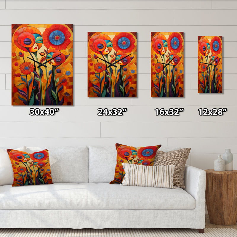 Portrait de chat fleurissant des coquelicots rétro - horloge murale moderne coquelicots, Grand