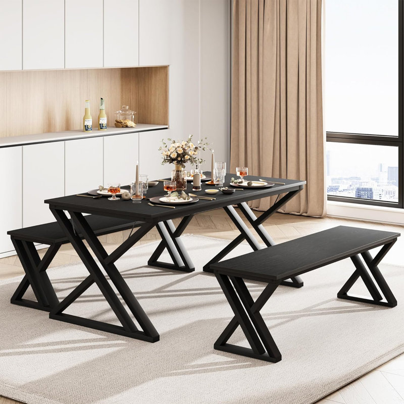 4 - Person Solid Wood Dining Set, Black, 74.4cm H x 113.8cm L x 69.9cm W