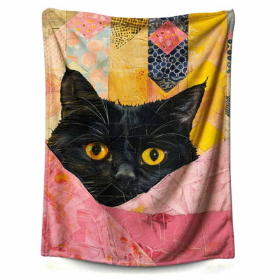 Blanket Black Cat with Pink Patchwork Soft and Comfortable Wool Fleece Throw Blankets for Sofa Office Car Camping Yoga Travel Home Decoration Cozy Plush Beach Gift, 30 x 40 inComes with a canvas bag with cat print as a bonus