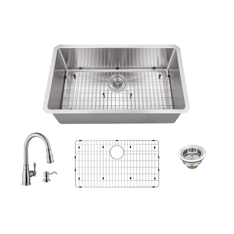 Évier de cuisine encastrable l 32 po x l 19 po avec robinet et distributeur de savon, Robinet traditionnel