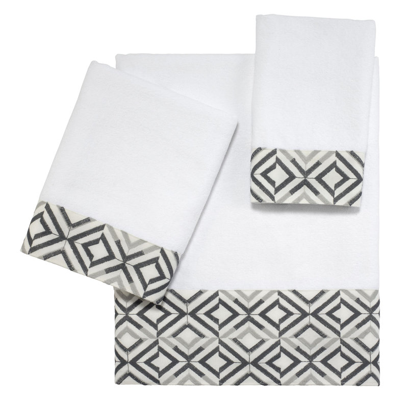 White Cotton Hand Towel with Geometric Embroidery