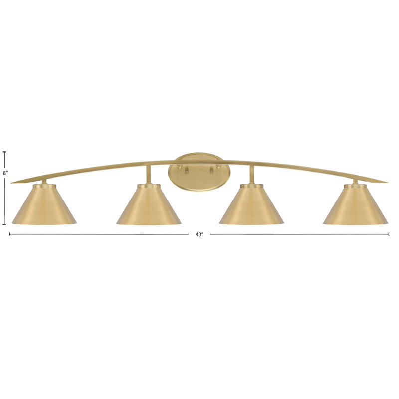 Kurve 4 Light Bath Bar Shown In New Age Brass Finish With 7"  Cone Metal Shades, Brass