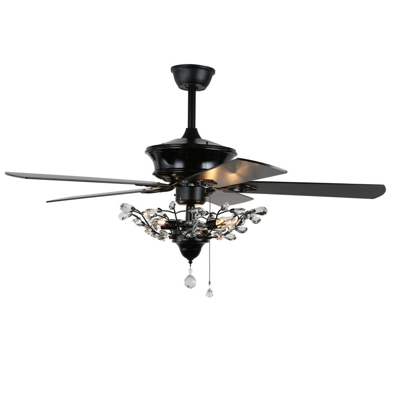 52" Black Crystal Chandelier Ceiling Fan with Remote and Reversible Blades