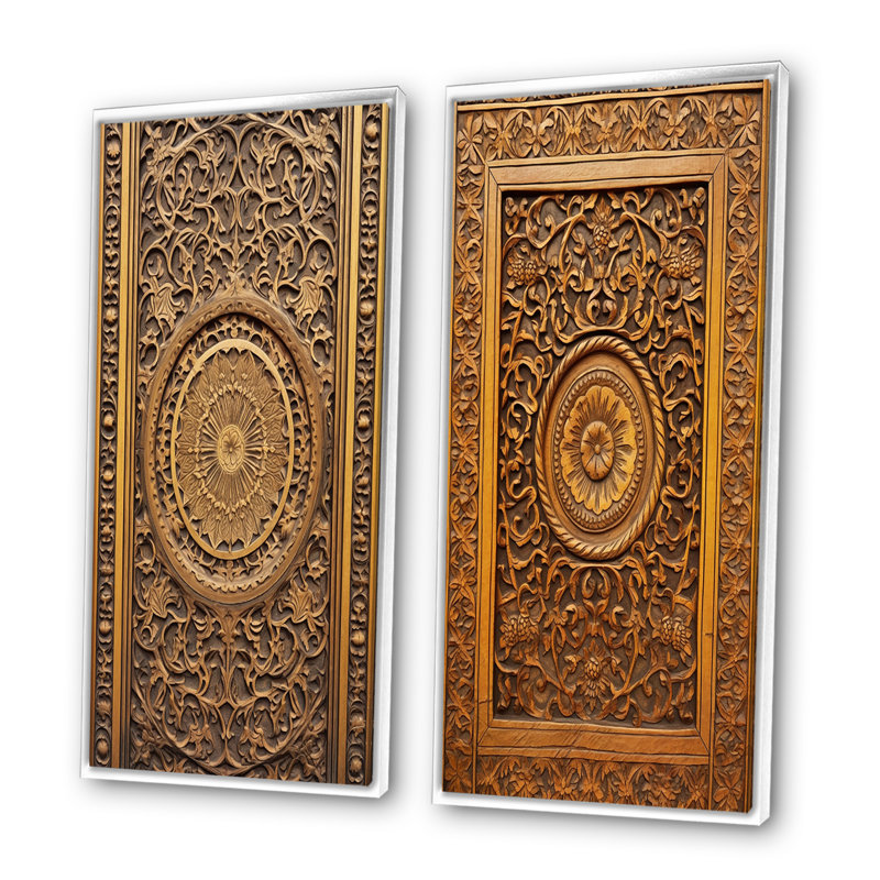 2 pièces sur toile - Ancienne porte en bois sculpté, Cadre blanc, H 32 po x l 32 po