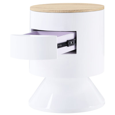 White High Gloss Nightstand For Bedroom - Compact Storage Drum With 1 Enhancement