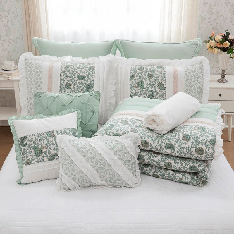 Ensemble d'édredon en coton percale 9 pièces Cottage Chic avec détails en dentelle et ruché, très grand, Turquoise