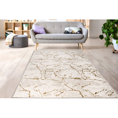Tapis abstrait et contemporain en polypropylène doré et beige - 5 x 8, 6 x 9