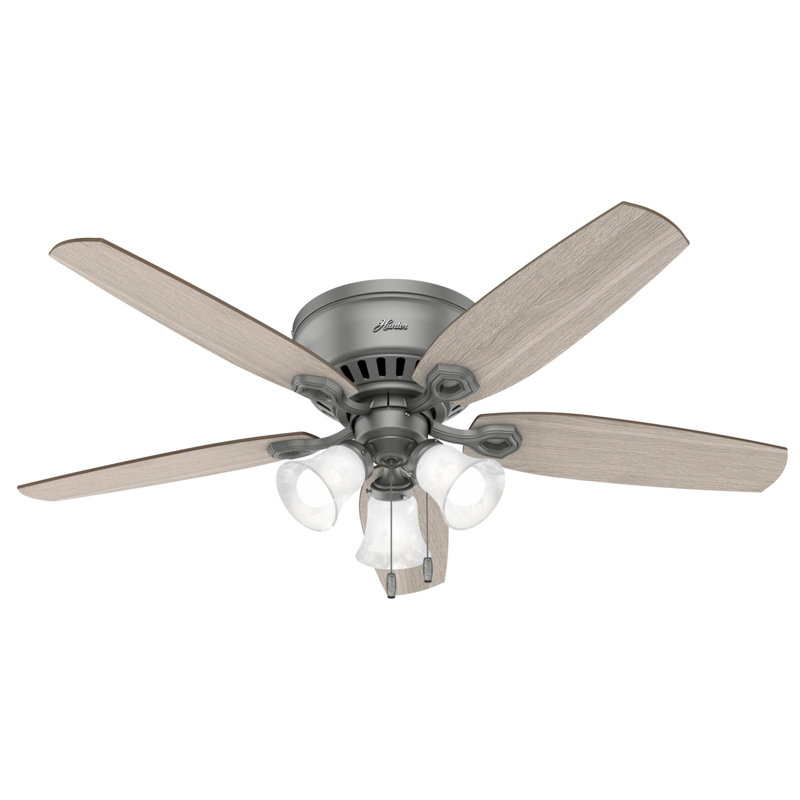 Builder Low Profile 52" 5 - Blade Flush Mount Ceiling Fan with Lights and Pull Chains, Matte Silver/Warm Gray/Light Gray Oak