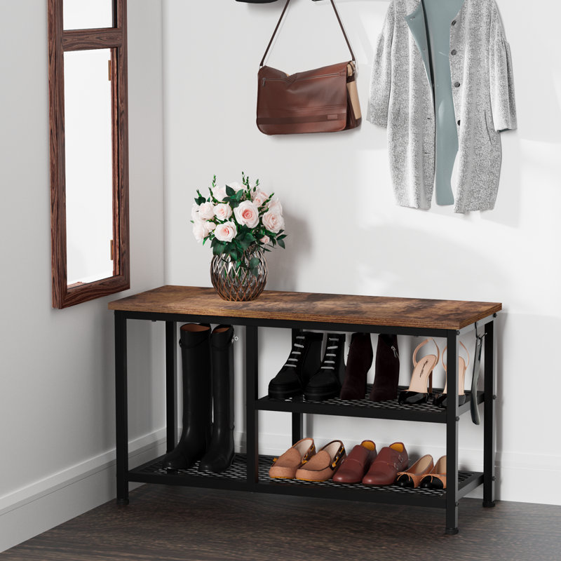 Shoe Rack Bench for Entryway, 3 Tier Shoe Rack with Hooks and Shoehorn, Storage Benches for Small Spaces, Entryway Shoe Storage with Wood Bench, Free Standing Shoe Organizer