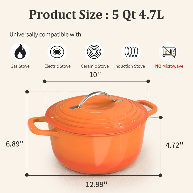 Cocotte ronde en fonte émaillée orange de 5 pintes avec gants résistants à la chaleur et dessous de plat, Orange