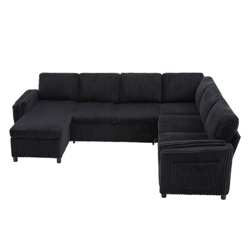 Canapé-lit modulaire convertible en forme de U avec chargement USB et rangement caché, Velours côtelé noir
