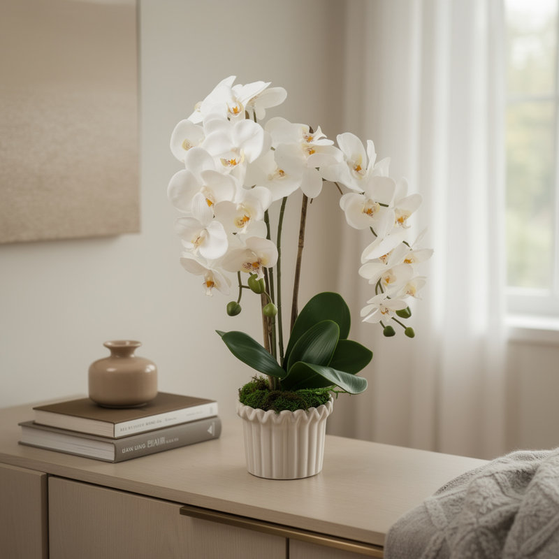 Arrangement d'orchidées dans un vase cannelé