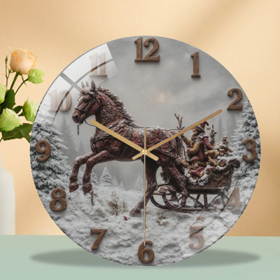 Clock-Santa-Sleigh-Horse Art - 12'' Modern Glass Wall Clock