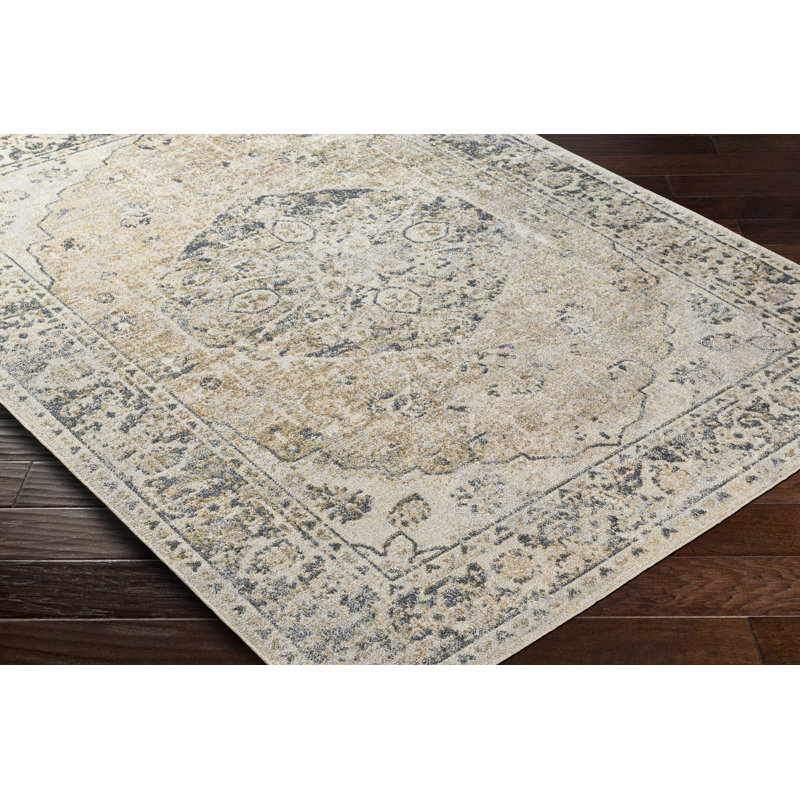 Belliveau Machine Washable Oriental Mustard/Gray Area Rug, Rectangle 2'3" x 3'9"
