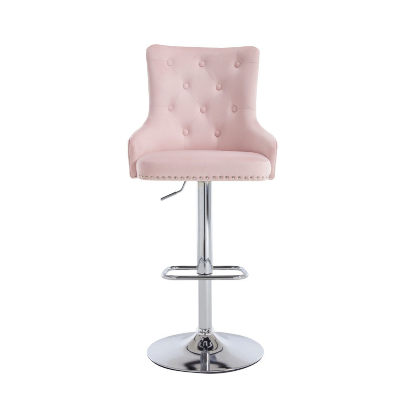 Set of 4 Swivel Adjustable Height Bar Stool With Chorme Base, Pink