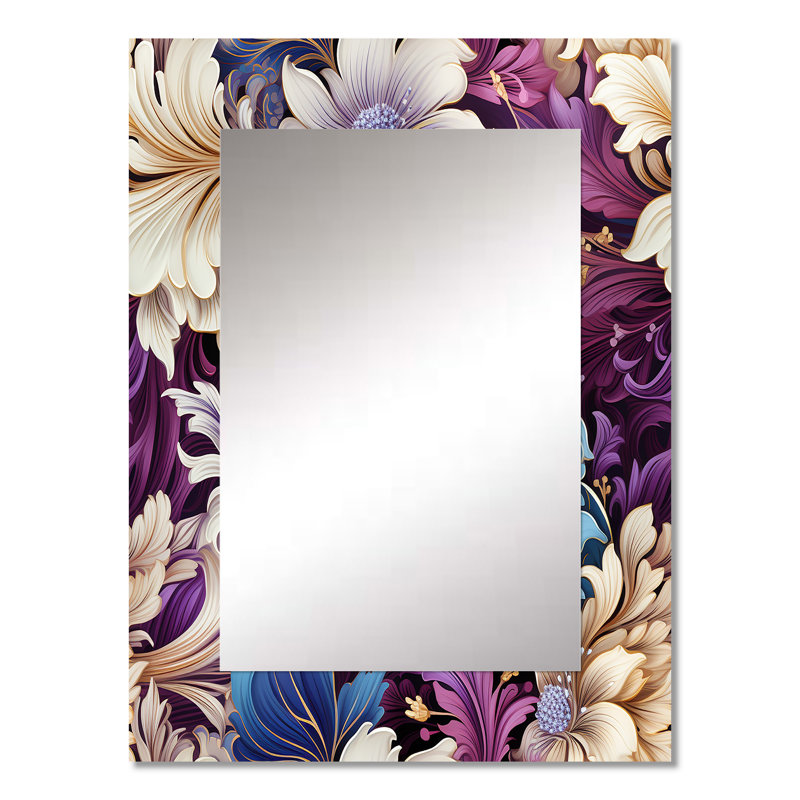 Ahais Gatsby Paisley Deco - fleurs bleues et mauves - miroir floral, miroir mural décoratif de campagne, impression d'art en métal