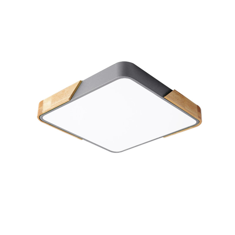 40cm LED Dimmable Flush Mount, Modern Square Ceiling Light with Wood Accent, Gray