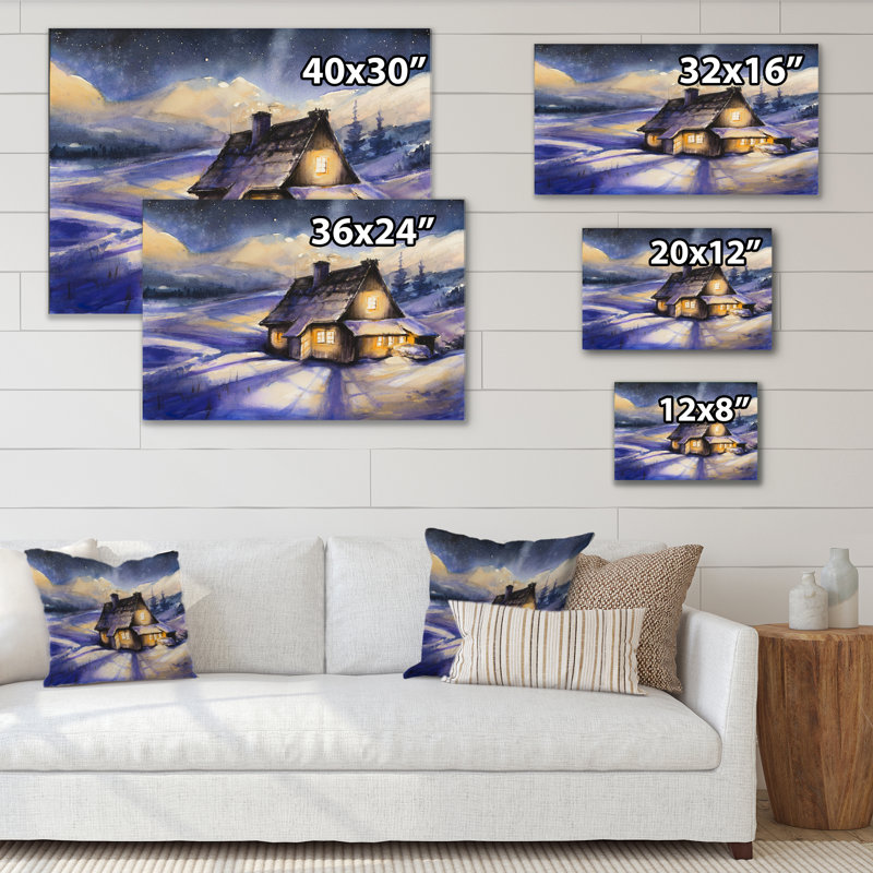 Cottage in Winter Mountains - Cadre photo, impression sur toile, H 24 po x l 36 po x P 1,5 po, Toile tendue