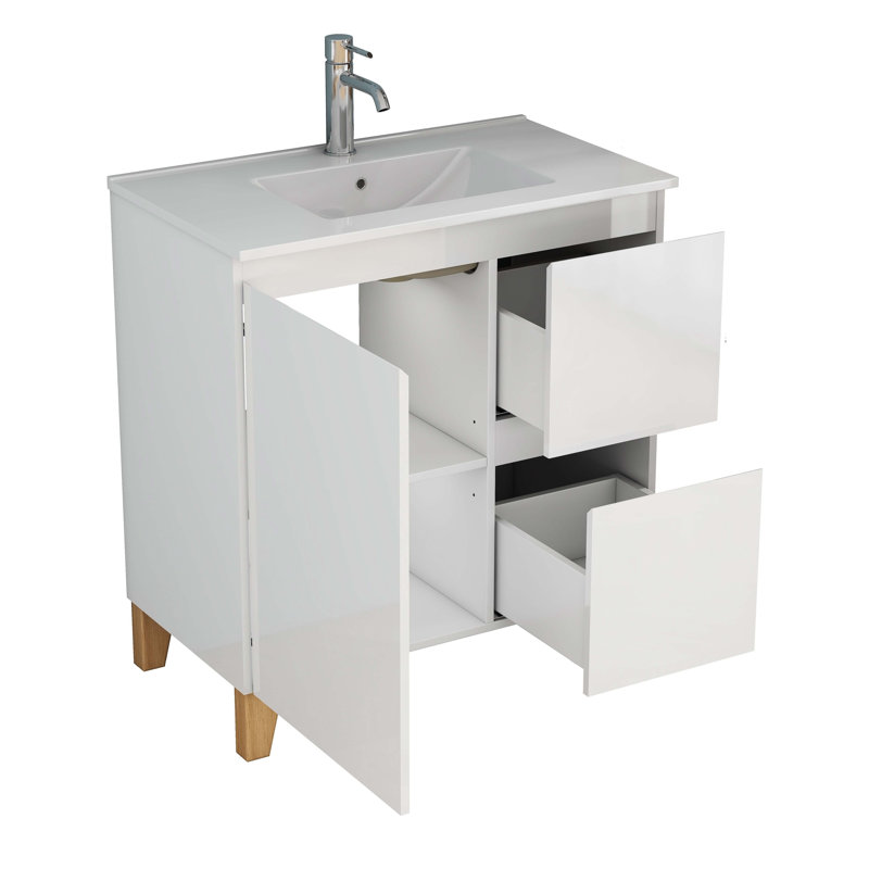 Meuble-lavabo moderne avec lavabo, armoire de rangement et 2 tiroirs, conception élégante sans poignée pour les petits et moyens espaces.