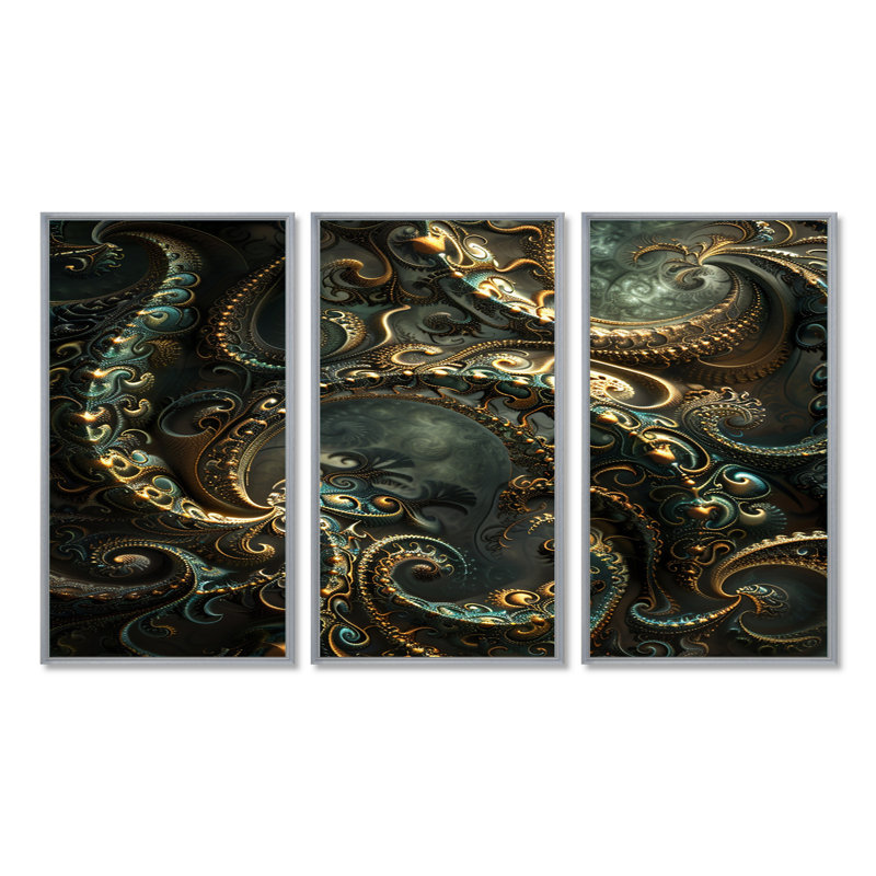 «Retro Gold Whirling Fractal - Fractals», ensemble d'art mural, Encadrement argenté, H 32 po x l 48 po x P 1 po