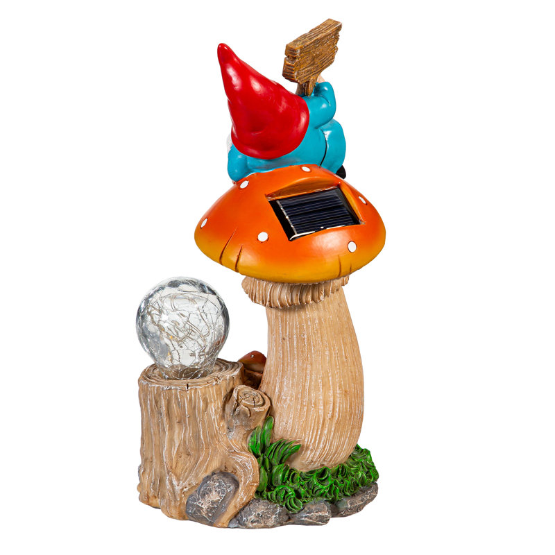 Solar Resin Gnome On Mushroom Statue, 9"H