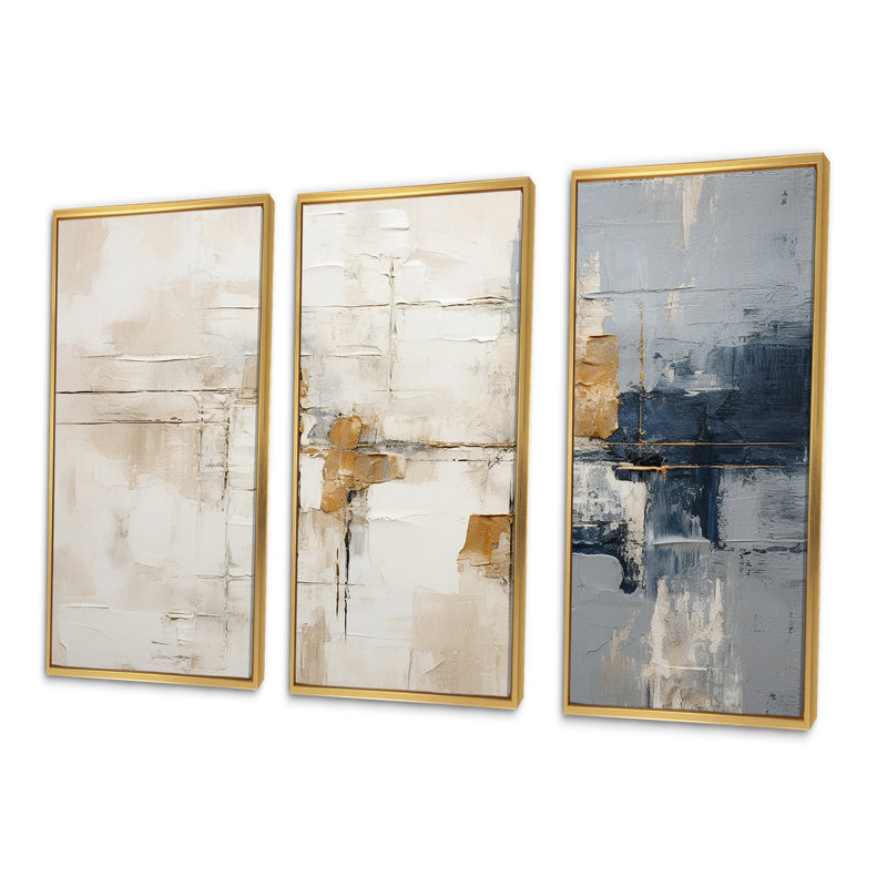 Ensemble minimaliste d'art scandinave beige et doré, Cadre flottant doré, H 32 po x l 48 po x P 1 po