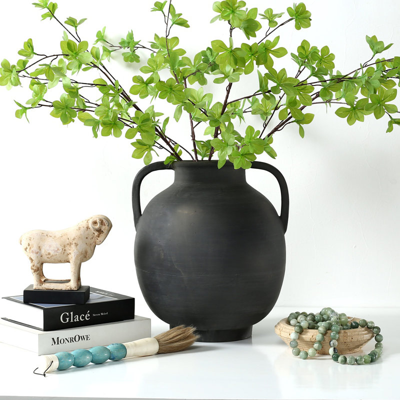 Approx.14" Pottery Vase with Two Decorative Handles Warm Soil Tone (6.3" Opening), 14" H x 13" W x 13" D, Black