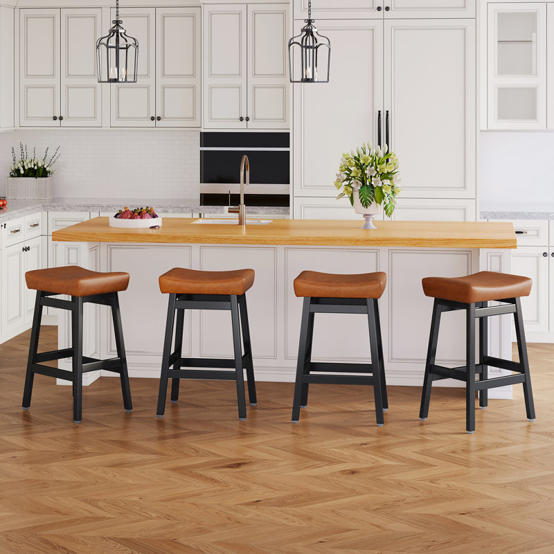 26" Solid Wood Bar Stools Set of 6 with Faux Leather Upholstery and Brown Saddle Seat, 6, Brown