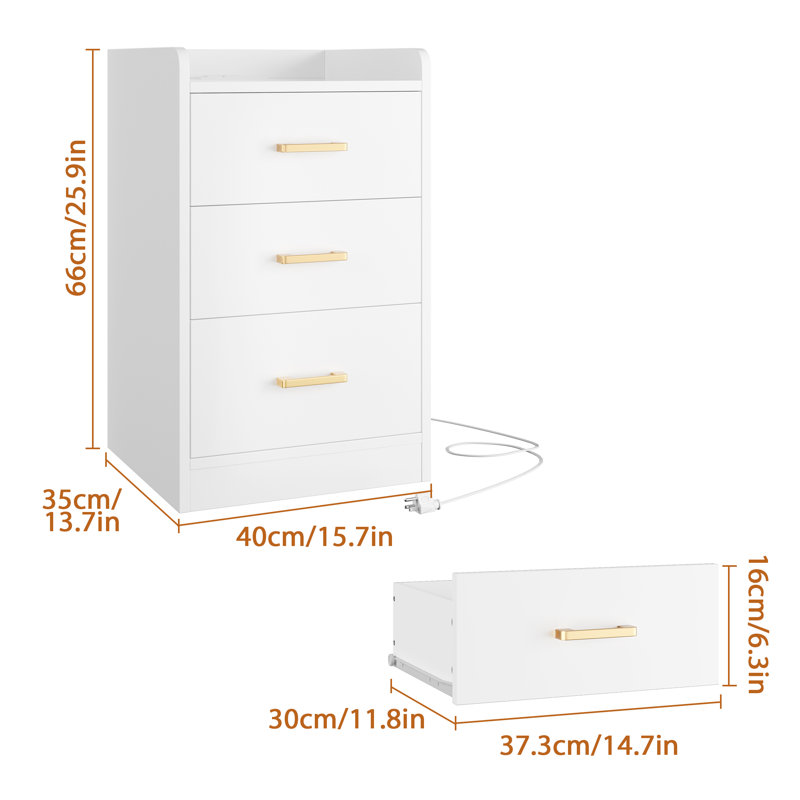 Bettylee 3-Drawer Nightstand with Charging Station, White, Individual