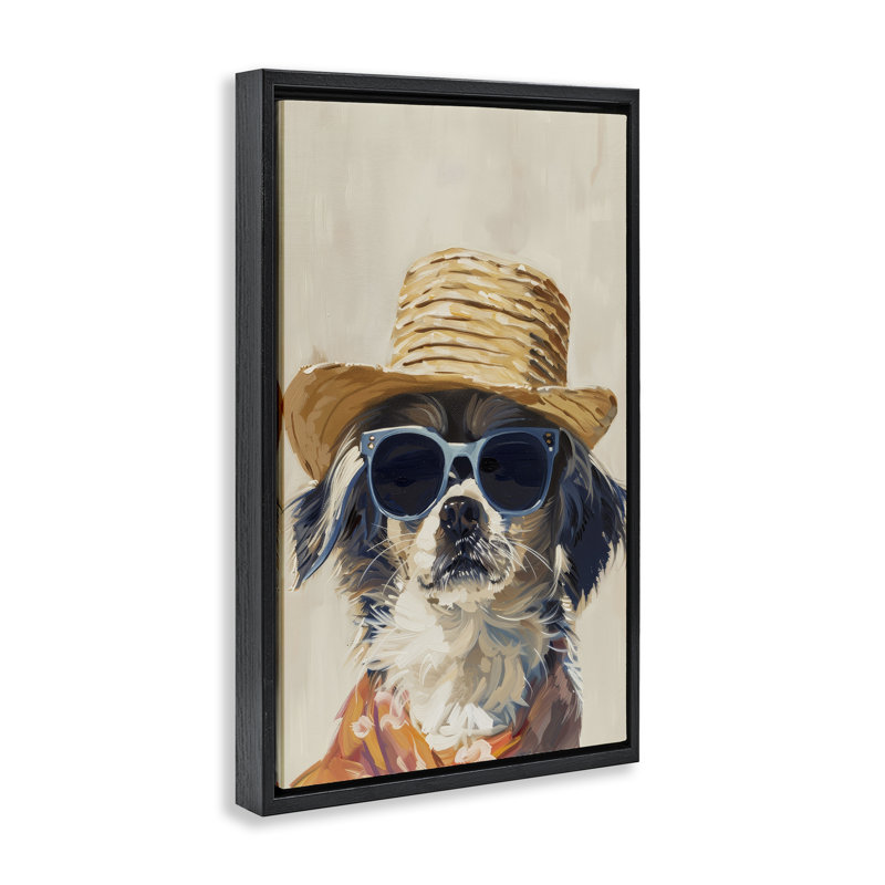«Beach Holiday Pup», toile encadrée noire par Petals Prints Design, H 25 po x l 17 po, Cadre flottant noir de jais