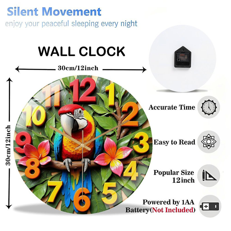 Horloge murale colorée perroquet avec art floral - horloge murale 12 po