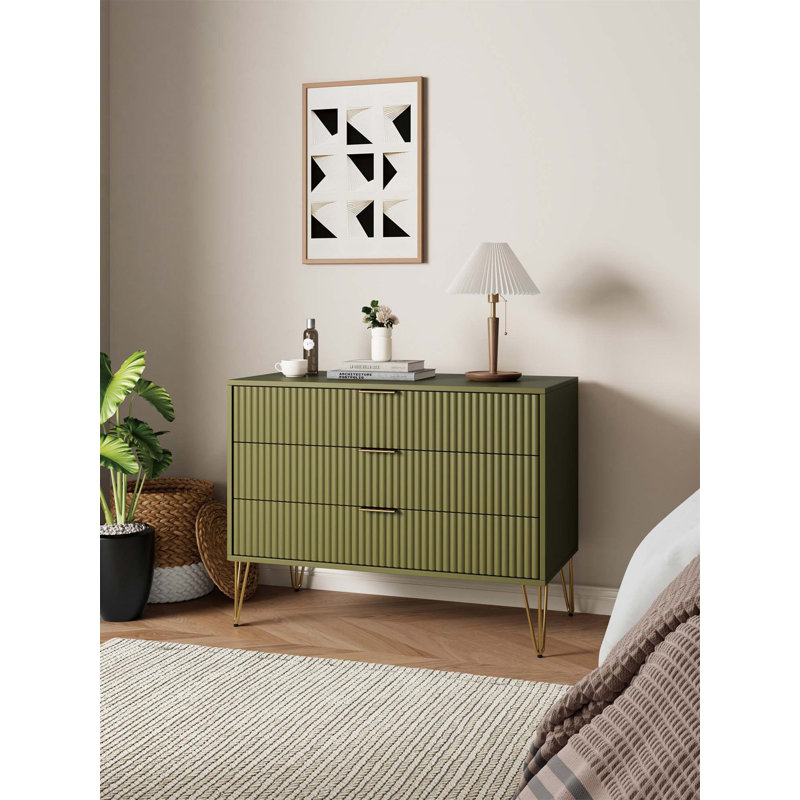 Commode cannelée 35 po Dumbo - vert olive (3 tiroirs), Vert olive