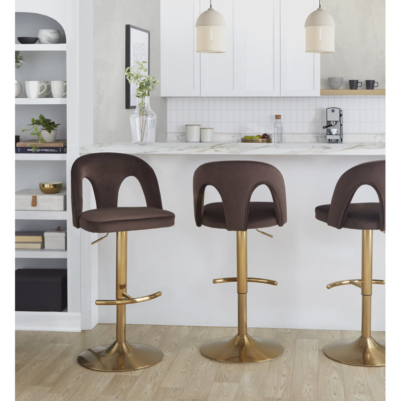 Tabourets de bar réglables Caden avec repose-pieds arrondi en T, Doré, Velours espresso