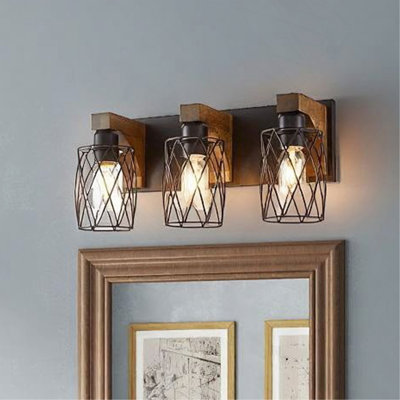 Applique murale de salle de bain 3 lumières en bois rustique et métal noir pour miroir Farmhouse